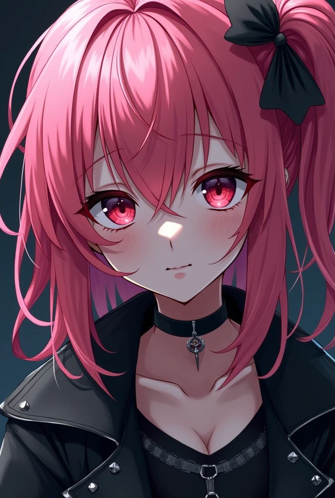 Anime girl whit pink hair and emo style and emo outfit red eyes