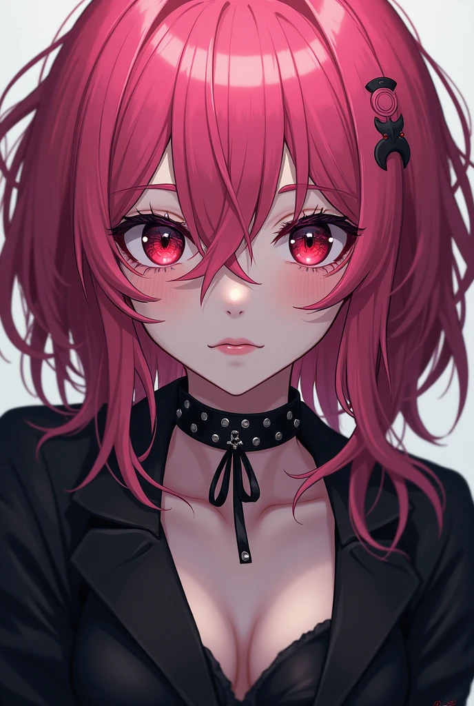 Anime girl whit pink hair and emo style and emo outfit red eyes