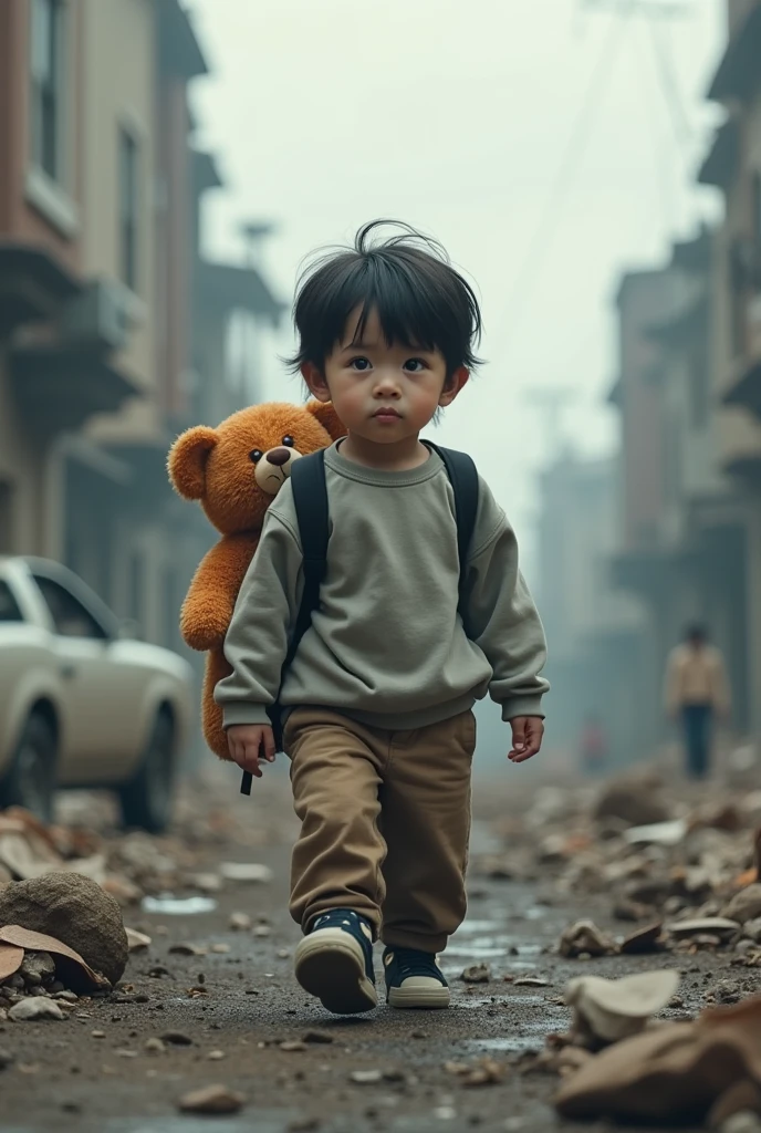  in pants and sweatshirt with teddy bear backpack on his back walking in a devastating scene


