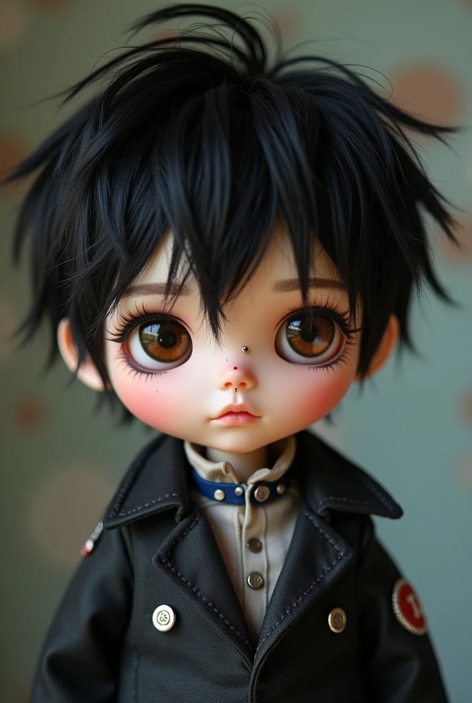 Create a male blythe type doll with dark brown eyes, white skin, septum piercing through the respiratory holes of the nose, Short black hair Shaggy style from Scooby doo and a mole under the left eye