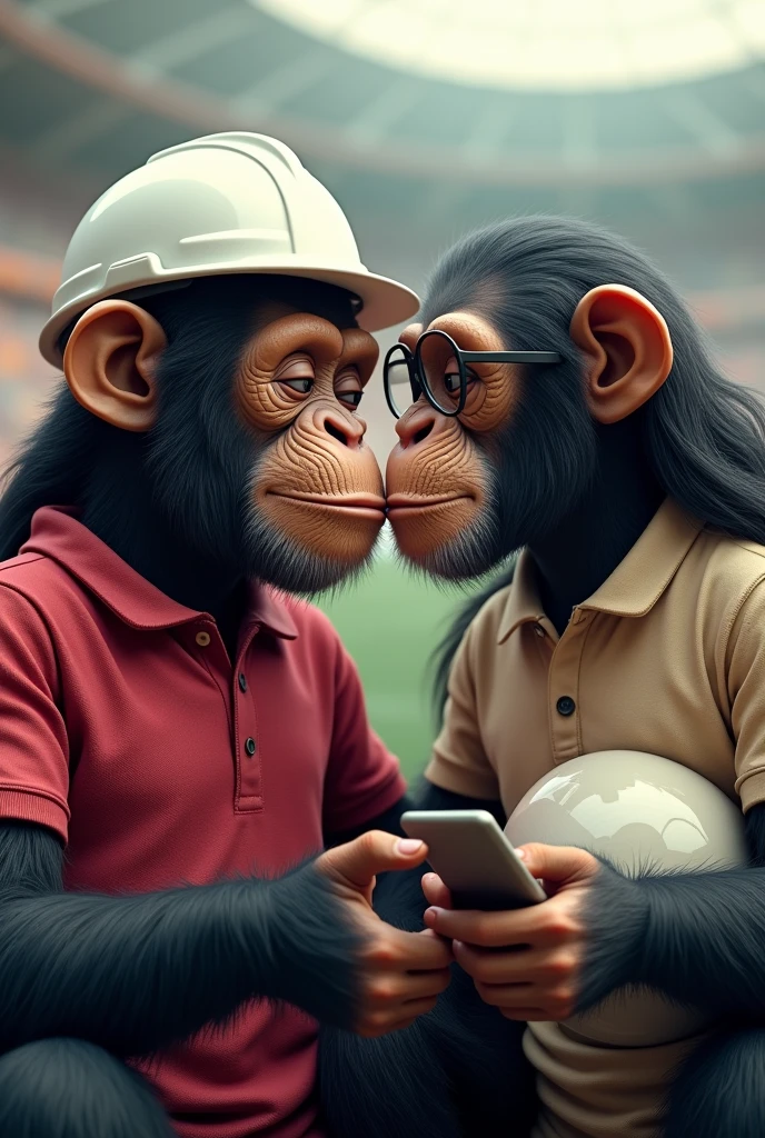 Two chimpanzees in love. The male must have a white civil engineer's helmet and the female must have glasses and a cell phone., without helmet. Both must be realistic and must have a beige and cherry colored polo shirt.. They must be in a football stadium. They must be male and female. The female must have long hair, the male does not