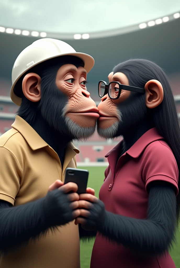 Two chimpanzees in love. The male must have a white civil engineer's helmet and the female must have glasses and a cell phone., without helmet. Both must be realistic and must have a beige and cherry colored polo shirt.. They must be in a football stadium. They must be male and female. The female must have long hair, the male does not
