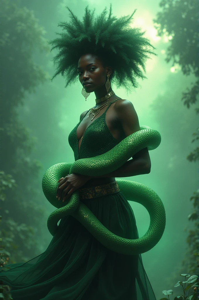 Black woman Orisha, with a green snake wrapped around his arm in the middle of a fog