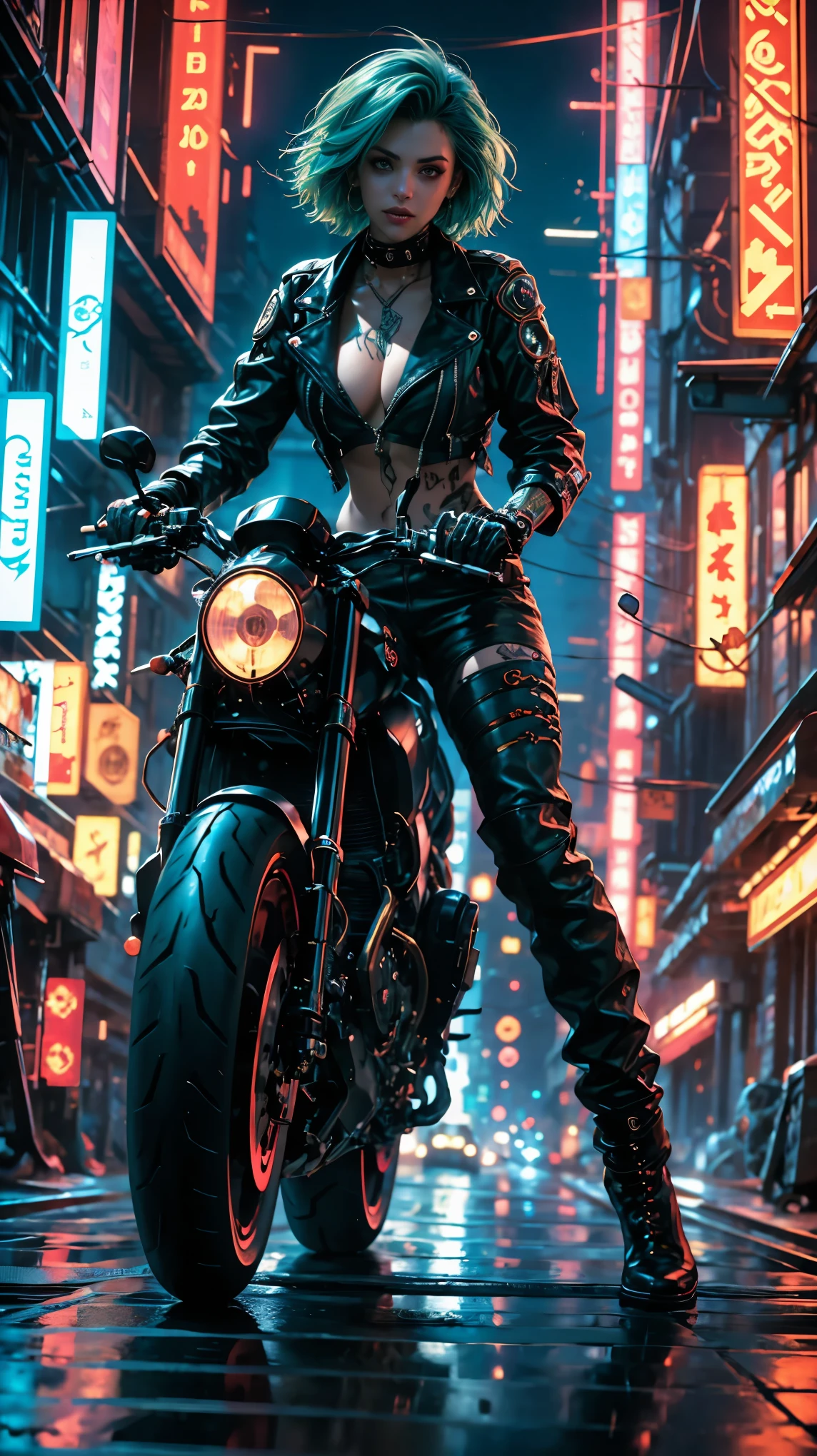 from below, low angle shot, in the heart of the cyberpunk underground streets, a young and sexy cyborg biker, with a braided Moican haircut, long luminescent green and blue hair, white skin, piercings, sexy and tight and ripped style clothes cyberpunk, green, blue, red and purple. neon lights and very dark shadows. at night, graffitied streets. She has cybernetic tattoos all over her body, sensual pose on her motorcycle, cyberpunk motorcycle. A cyberpunk 2077 style atmosphere is created, energy and neon lights, green, blue, red and purple. Good quality cybernetic eyes, face with cybernetic details, ultra detailed. masterpiece, 4k, ray tracing, full body, close-up, low angle shot, intricate details, hyperrealistic.