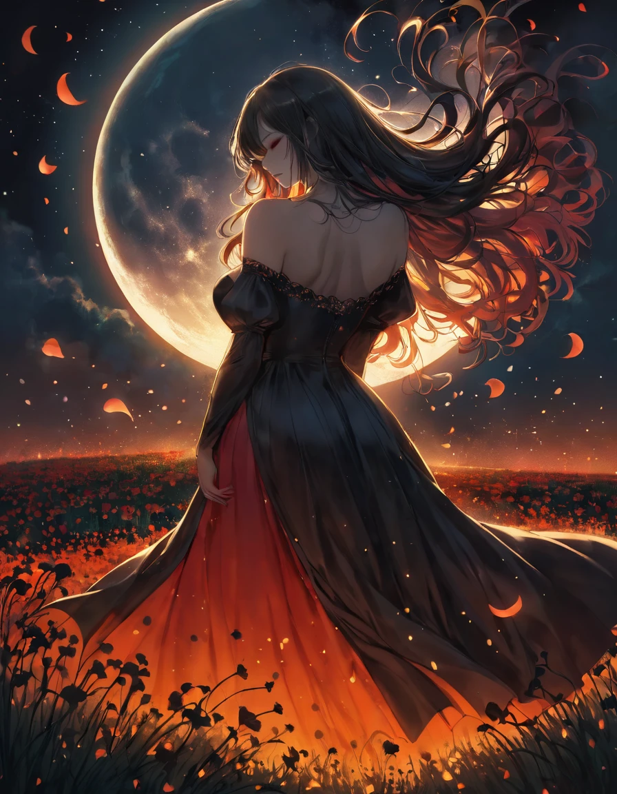 A digital illustration depicts a young woman standing in profile among a sea of vibrant black flowers, likely poppies, in a mystical field at night. The woman has long, sexy Sensual big titis decote dark hair that flows dramatically behind her, caught in a gentle breeze, creating a sense of movement and adding depth to the scene. She wears an off-the-shoulder, dark-gold pinkshock  dress adorned with intricate floral patterns featuring pink Neon and gold flowers, as well as small geometric designs. Her face is turned slightly upward, eyes closed, and lips slightly parted, exuding a serene and contemplative expression. The background features a massive, luminous full moon red dominating the upper center of the image, casting a warm, golden-orange glow across the scene. The moon's surface is highly detailed with visible craters and textures, creating a surreal and enchanting atmosphere. The sky surrounding the moon transitions from deep midnight blue to a reddish-black hue near the horizon, dotted with scattered stars. The foreground is filled with numerous bright red flowers with orange centers and delicate, paper-thin petals, their slender green stems and leaves visible. Some flowers appear to glow softly, enhancing the magical quality of the scene. Behind the flowers, tall, golden wheat-like stalks add depth and texture to the midground. The overall composition is centered on the woman, with the moon providing dramatic backlighting that highlights her silhouette. The color palette is dominated by deep reds, vibrant oranges, charcoal blacks, and warm yellows, creating a high-contrast, low-luminance scene with rich saturation. The lighting is soft and diffused, emphasizing the ethereal quality of the moment and contributing to the surreal, dream-like quality of the illustration.