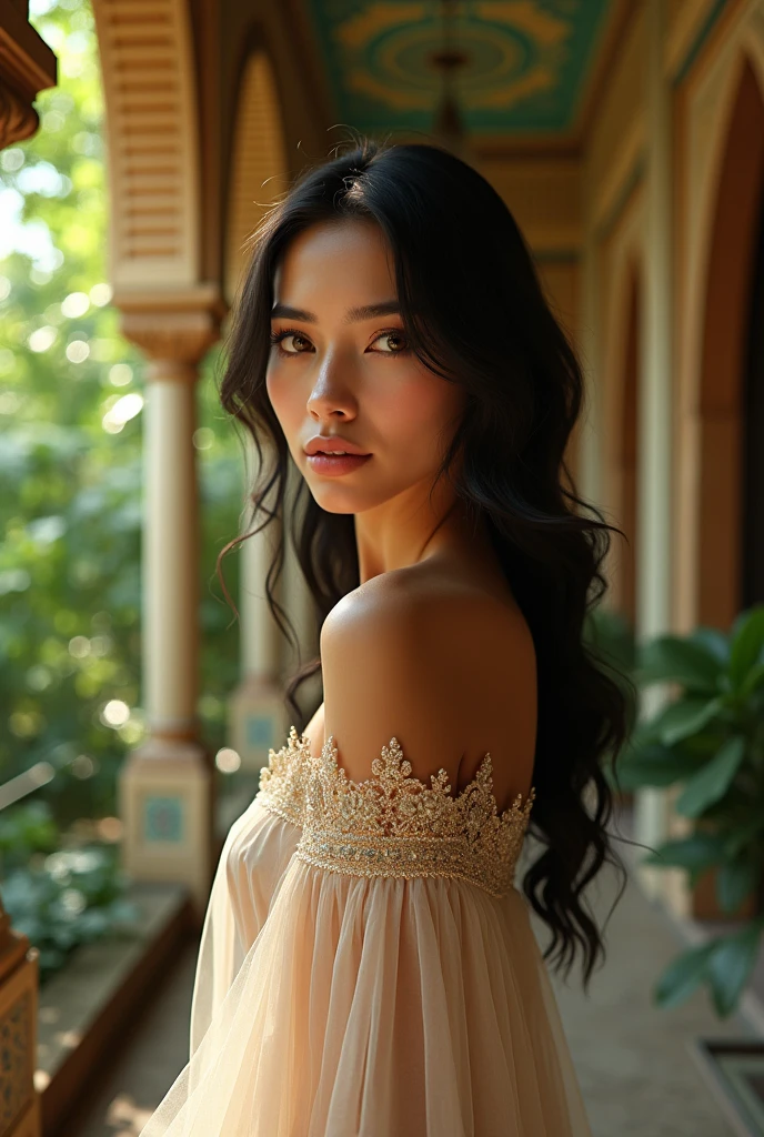 A beautiful Iranian woman, detailed face, longeyelashes, elegant dress, outdoor garden, (best quality,4k,8k,highres,masterpiece:1.2),ultra-detailed,(realistic,photorealistic,photo-realistic:1.37),intricate details,cinematic lighting,warm color palette,lush greenery,ornate architecture,dramatic shadows