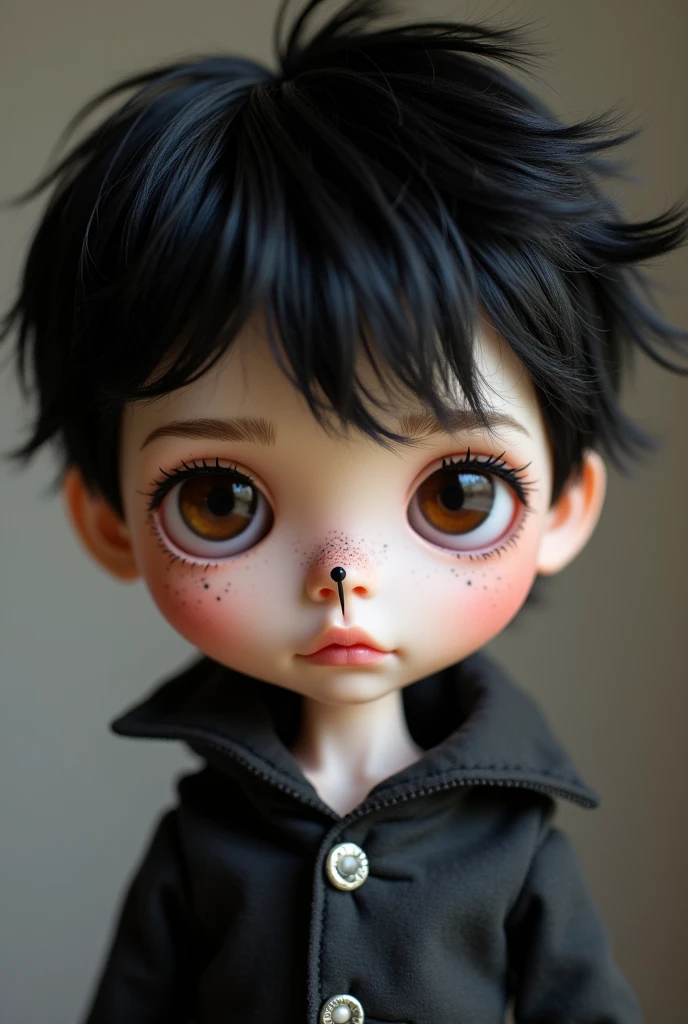 Create a male blythe type doll with dark brown eyes, white skin, septum piercing through the respiratory holes of the nose, Short black hair Shaggy style from Scooby doo and a mole under the left eye