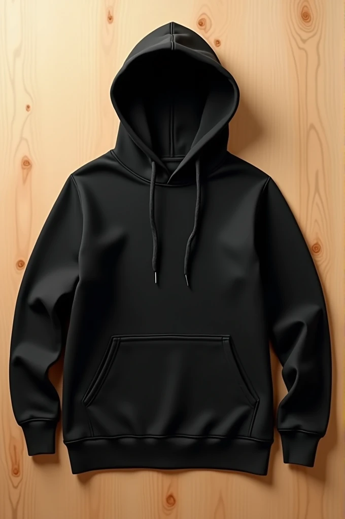 A plain black cotton hoodie spread cleanly over a wooden background, no folding on the hoodie .