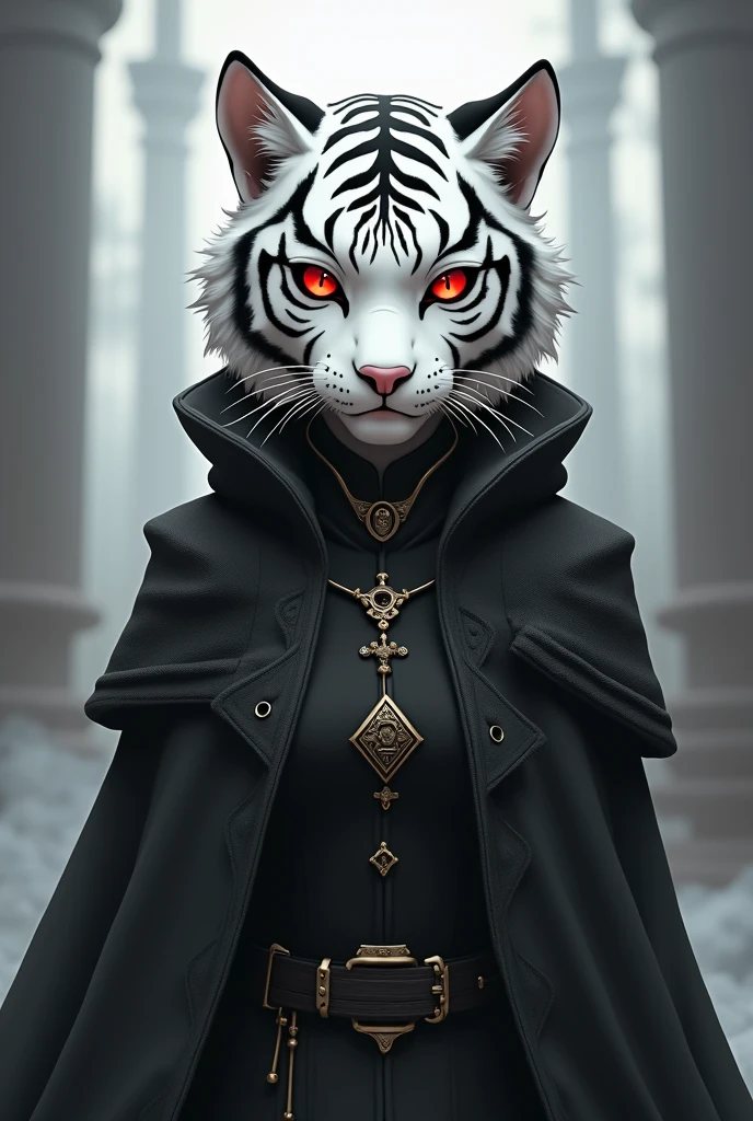 Anime character tiger with white fur and red eyes and black medieval clothes