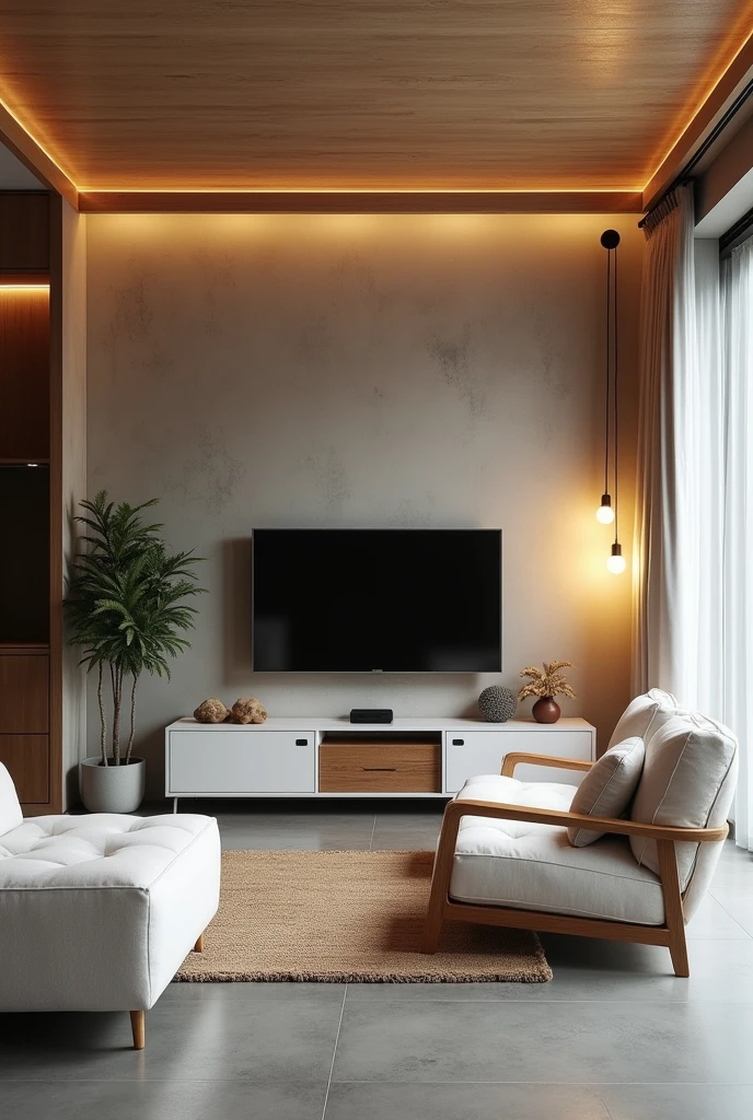 A residential room with a ceiling lined with PVC in the color freijó, the gray floor, the burnt cement effect wall where there is a television, on the right side a pendant light with two warm white bulbs, white furniture with vintage style wooden details.