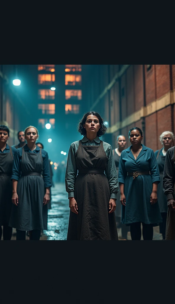 A group of female workers, including Sarah Chapman, huddled together in front of the Bryant & May factory gates in London, dressed in their worn work dresses and aprons, with the towering brick factory building looming behind them; the women’s faces show determination and resilience as they plan their next steps; a wide shot that captures both the workers and the imposing factory; hyper-realistic, photo realism, cinematography. The camera lens size should be 200mm, aperture setting f/4.5, and ISO 1600. The medium should be color photography.