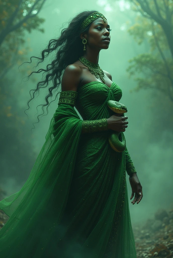 Black woman Orisha, with a green snake wrapped around his arm in the middle of a fog