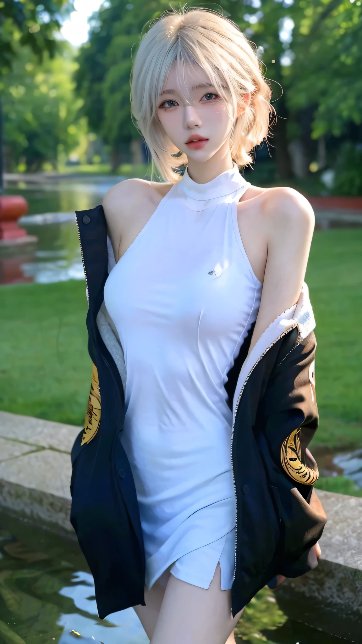 Beautiful woman with perfect figure:1.4,4K,Yoga background,Ultra-high resolution,Seductive laughter,White Legs,(Lifelike:1.4),Layered hairstyle,White skin,Yoga Clothing,whole body,Very delicate face and skin texture,Double eyelids,Skin Whitening,White hair,