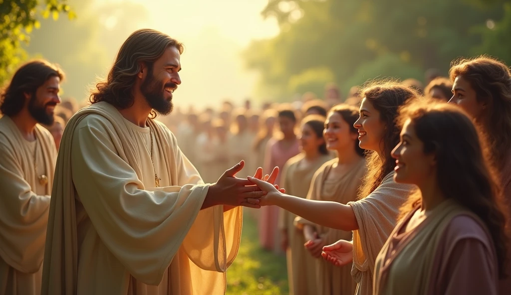 Create an inspiring and touching image of Jesus extending his hand to the people. Jesus should be depicted with a loving and compassionate expression, wearing traditional, light-colored robes. The scene should convey a serene and welcoming atmosphere, with soft lighting that highlights the outstretched hand. In the background, include a diverse group of people of various ages and ethnicities, all with expressions of hope and gratitude, as if receiving a blessing. The setting could be outdoors, perhaps in a verdant field or a tranquil natural landscape, to emphasize a sense of peace and inclusion