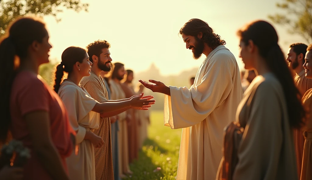 Create an inspiring and touching image of Jesus extending his hand to the people. Jesus should be depicted with a loving and compassionate expression, wearing traditional, light-colored robes. The scene should convey a serene and welcoming atmosphere, with soft lighting that highlights the outstretched hand. In the background, include a diverse group of people of various ages and ethnicities, all with expressions of hope and gratitude, as if receiving a blessing. The setting could be outdoors, perhaps in a verdant field or a tranquil natural landscape, to emphasize a sense of peace and inclusion
