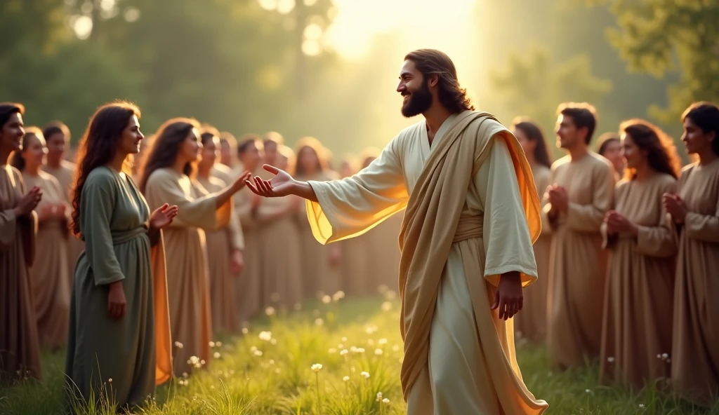 Create an inspiring and touching image of Jesus extending his hand to the people. Jesus should be depicted with a loving and compassionate expression, wearing traditional, light-colored robes. The scene should convey a serene and welcoming atmosphere, with soft lighting that highlights the outstretched hand. In the background, include a diverse group of people of various ages and ethnicities, all with expressions of hope and gratitude, as if receiving a blessing. The setting could be outdoors, perhaps in a verdant field or a tranquil natural landscape, to emphasize a sense of peace and inclusion