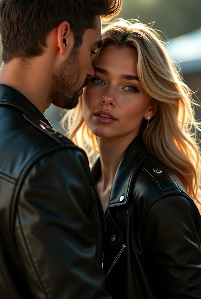 20 year old blond woman wearing black leather bike jacket and trying to lick me