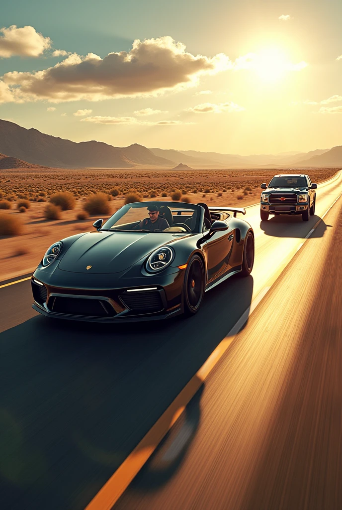 Create an image with money Porsche travel to the United States and a pickup truck