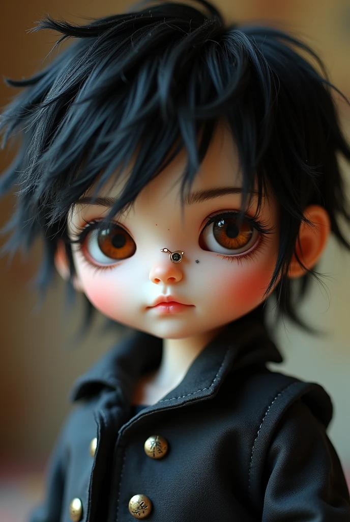 Create a male blythe type doll with dark brown eyes, white skin, septum piercing through the respiratory holes of the nose, Short black hair Shaggy style from Scooby doo and a mole under the left eye