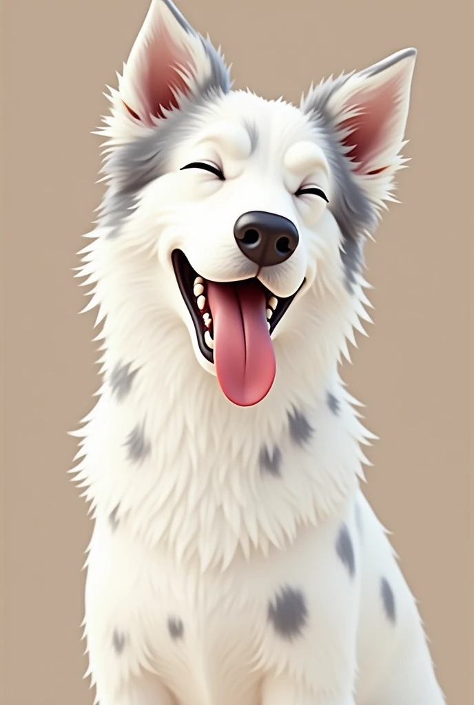 Bordercolie branco, with gray spots and with closed eyes and tongue out