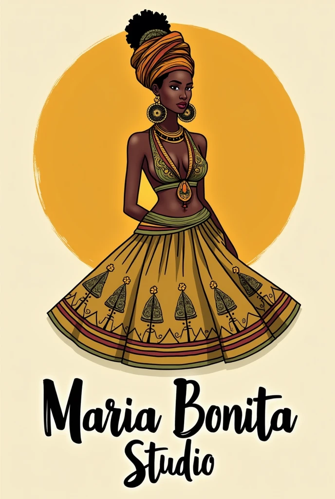 objective: Create a vibrant and culturally rich logo that represents the essence of "Maria Bonita Studio", a clothing store focused on African-based religions. The logo must integrate traditional elements of Afro-Brazilian culture, highlighting the mustard yellow palette.
1. Elementos Visuais Principais
人物 da Mulher Baiana:
Description: A detailed illustration of a Bahian woman, central to the logo. The figure must be in traditional attire, including a full skirt and a turban (headwrap).
Additional Detail: The woman should wear large and colorful earrings, and typical accessories, como colares. These ornaments must reflect the cultural and religious richness of the African matrix..
badass clothing: Consider including elements associated with Pombagira, like long, colorful skirts, to connect the visual to the context of African-based religions.
Religious Symbols:
Description: Incorporate subtle symbols related to the orixás and Candomblé, such as crossed out dots or protective symbols, in a stylized way to complement the figure without overloading the design.
2. Mustard Yellow Color Palette:
Main Use: Use mustard yellow as the predominant color to convey warmth, reception and visibility. The figure of the Bahian woman can be in mustard yellow to make her stand out.
Add-ons:
Neutral and Earthy Tones: offwhite, brown and olive green for additional details. Use white for contrast and highlight in accessories, and earthy tones to highlight subtle details without competing with mustard yellow.
3. Typography Elegant and Artistic Font:
Description: Choose a handwritten or cursive font that is elegant and reflects the studio’s artisanal and cultural style..
Customization: Typography can include decorative elements inspired by African art, such as subtle patterns around letters or small embellishments.
4. Layout and Design Position and Integration:
人物: Place the illustration of the Bahian woman centered or slightly offset to