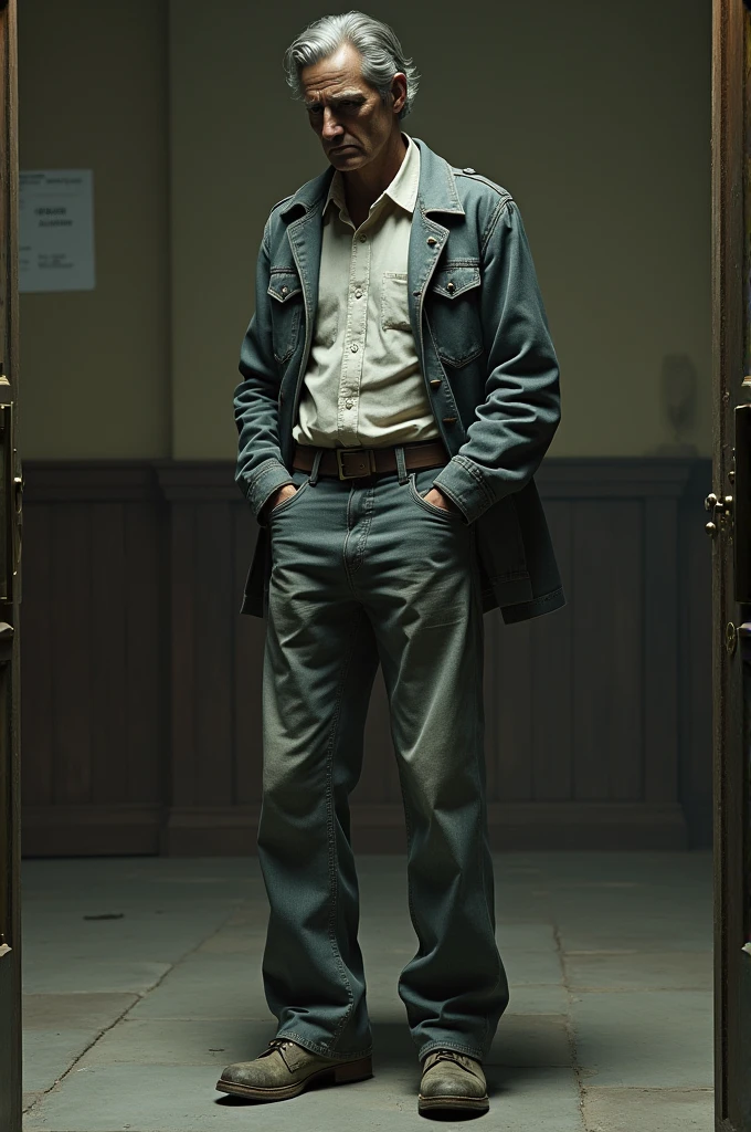 an interrogated: old wide grey denim pants, white shirt and a jacket, old formal shoes
