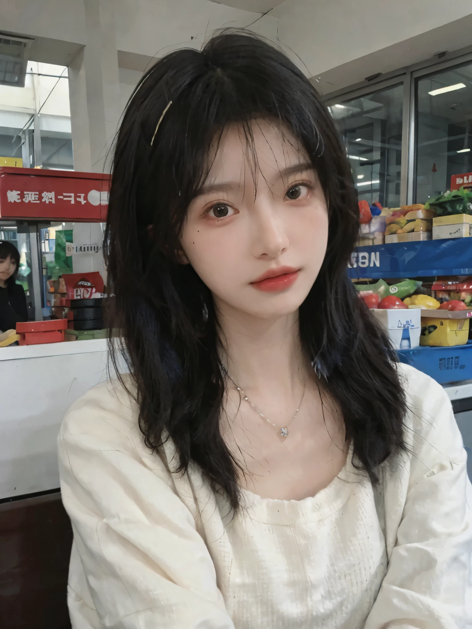 Best quality，Ultra-high resolution,(Realism:1.4)，Cute hairpins，girll,Cropped black sweater，Look directly at the audience，Full of atmosphere，Beautiful woman with a slim figure:1.4，supermarket，whole body，Super delicate face，Exquisite eyes，Double eyelids，necklace