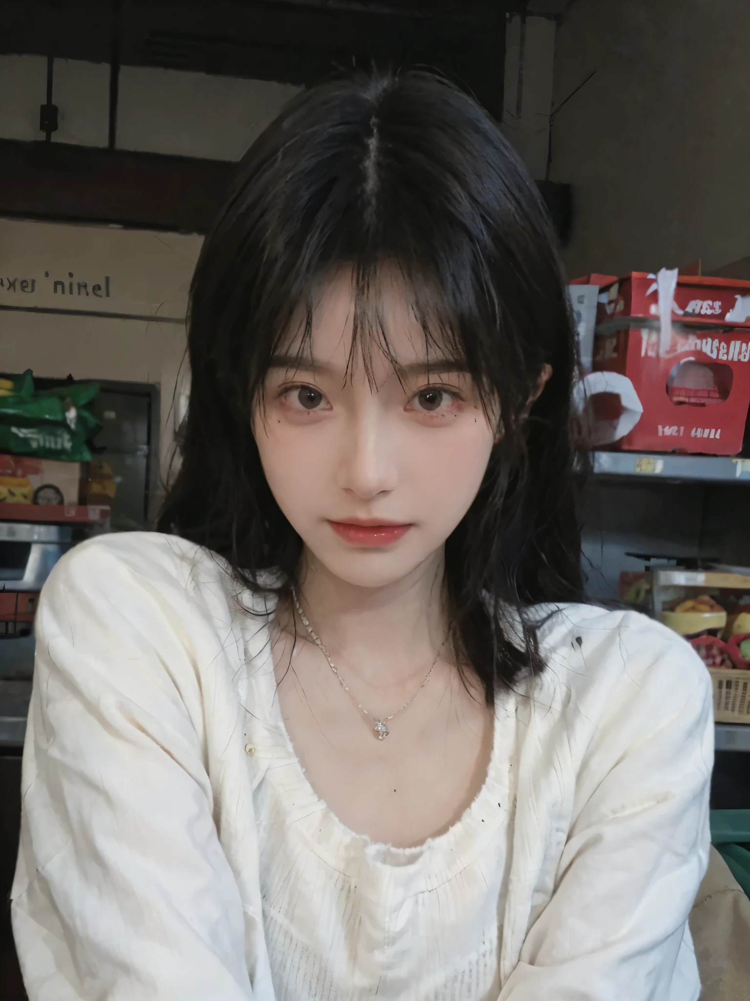 Best quality,Ultra-high resolution,(Realism:1.4),Cute hairpins,girll,Cropped black sweater,Look directly at the audience,Full of atmosphere,Beautiful woman with a slim figure:1.4,supermarket,whole body,Super delicate face,Exquisite eyes,Double eyelids,necklace