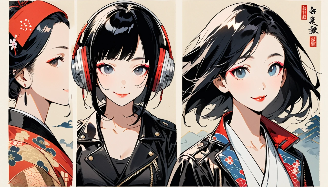 (((Ink Painting))), (((from above))), (((3 women))), (((Leather jacket with Japanese patterns))), (((smile))), (((Very flashy makeup))), Japanese style headphones, face close-up, front view, Japan人の美少女, Black Hair, Delicate and precise, Modern ukiyo-e style,Japan, Droopy eyes, round face, Glare, Fuller lips, vivid color