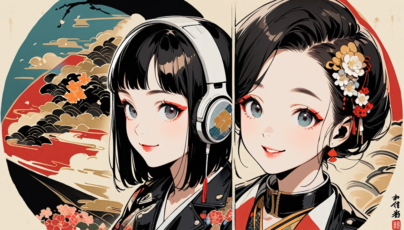 (((Ink Painting))), (((from above))), (((3 women))), (((Leather jacket with Japanese patterns))), (((smile))), (((Very flashy makeup))), Japanese style headphones, face close-up, front view, Japan人の美少女, Black Hair, Delicate and precise, Modern ukiyo-e style,Japan, Droopy eyes, round face, Glare, Fuller lips, vivid color
