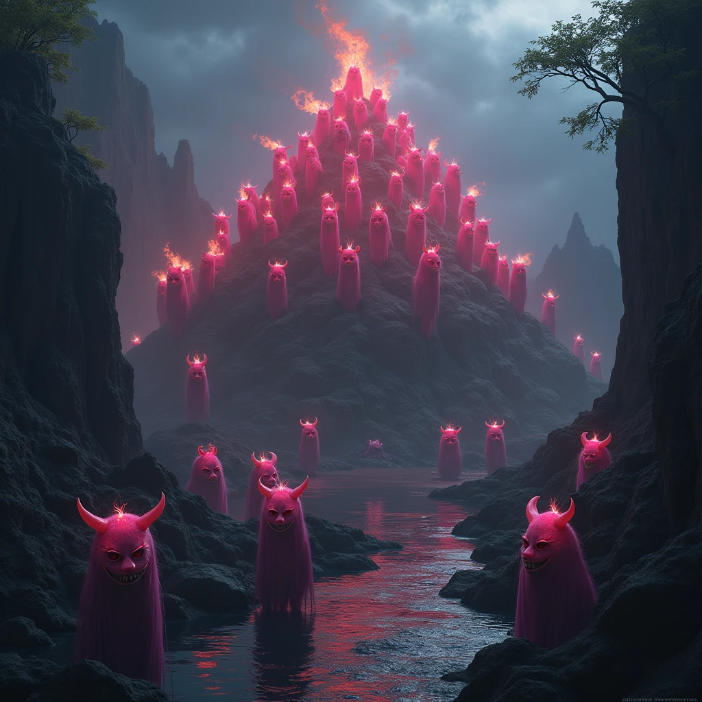 (photorealism:1.2) ,  island of devil , plenty of pink demons ,  fire light and black river