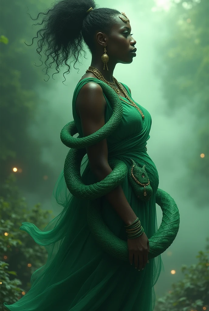 Black woman Orisha, with a green snake wrapped around his arm in the middle of a fog