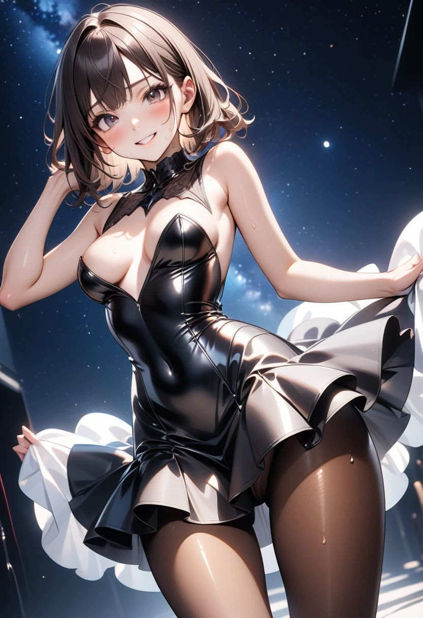 (Evil smile), (((Costumes that exude evil, skirt, Pantyhose))), ((Shiny Costumes)), ((skindentation)), skinny, solo, 1 woman, Masterpiece, highest quality, highest quality, 16K, incredibly absurd, highly detailed, 2.5D, ai-generated, delicate and dynamic, very delicate facial expressions, delicate eye depiction, erotic, only sexy woman, ((A cute and kind face)), healthy figure, ((25-year-old woman)), 160cm tall, medium firm swaying bust, Dark Hair, blush, Sweat,Embarrassed,sexy, ((thin thighs)), shiny and lustrous, facing straight at viewer, (((in heat))), ((Oily_skin)), ((Lots of sweat)), (((Brown Skin))), ((dutch angle)), ((erotic pose)), (((Dynamic Pose))), ((Starry Sky)), (Erect nipples,:0.8), (Metallic clothing:0.1),