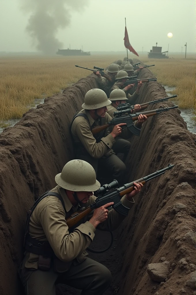 soldiers in a trench, view from above, field of grass and mud, tracers passing, singular standard in the background, soldiers aiming outwards from trench