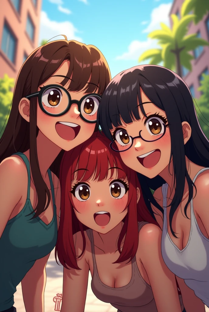3 friends anime style version, taking a funny photo , A Chinese woman with long straight chocolate hair and glasses and brown eyes, The other is Latina, she has dark red hair with wavy bangs and brown eyes, and the other is also Latina and has somewhat dark skin and long wavy hair without bangs and messy. Her hair is chocolate colored with red highlights., small in stature