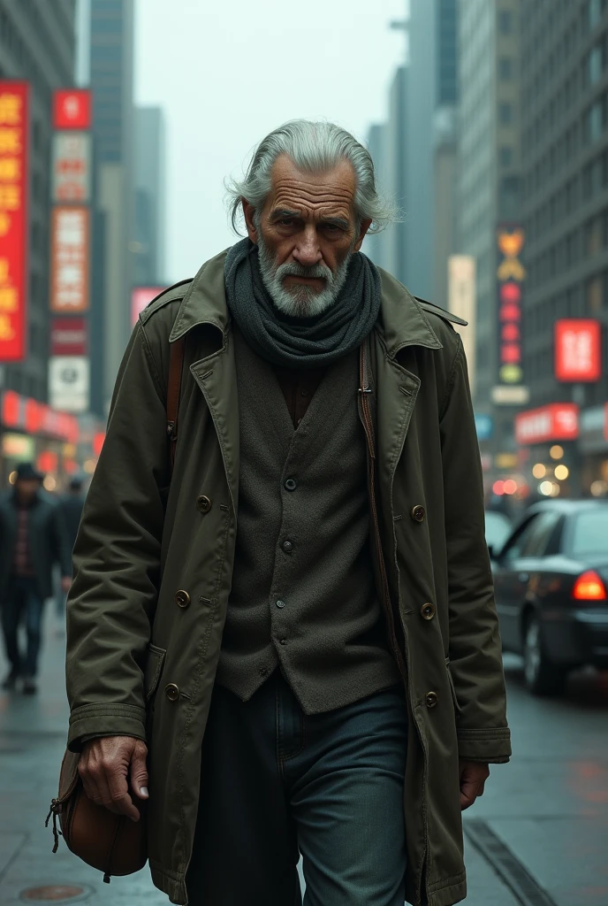 An old man walking sadly in the city
