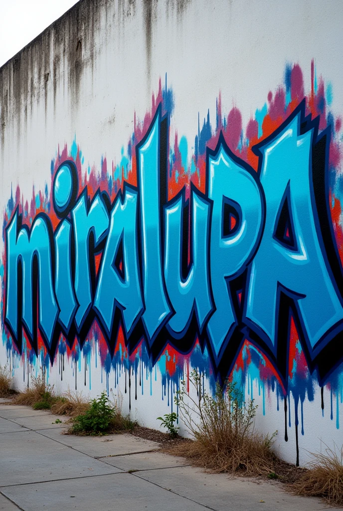 throw-up graffity for the name “miralupa” with complex big thick letters who merge together in blue shade with thick white inlines bombing paint style dripping on a outside wall
Point of view to face the wall