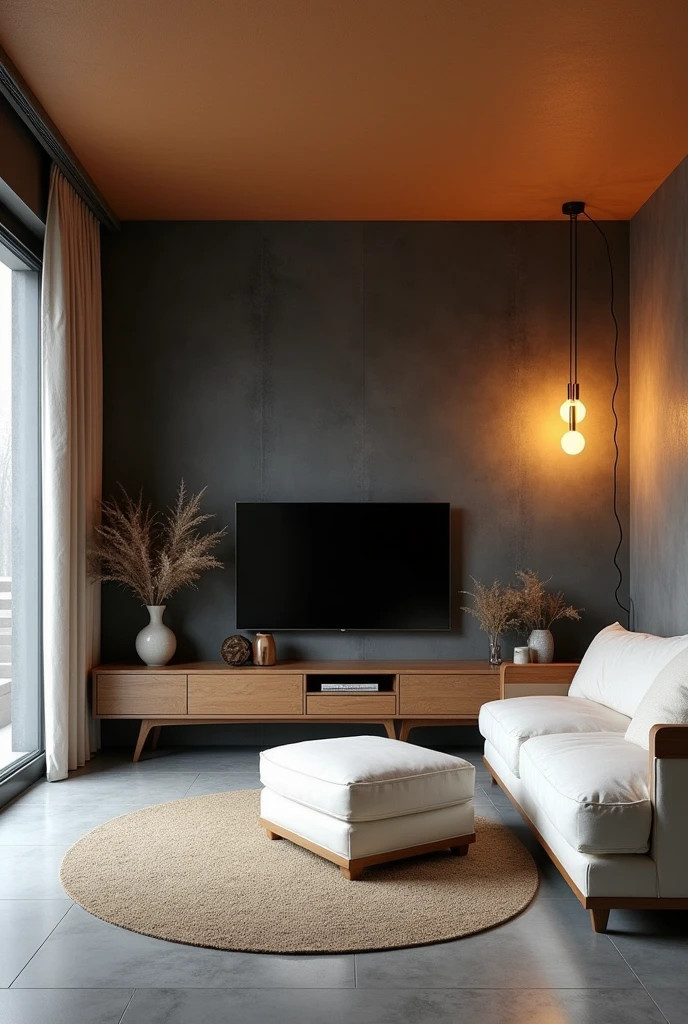 A residential room with a ceiling lined with PVC in the color freijó, the gray floor, the wall with dark burnt cement effect, where is a television, on the right side a pendant light with two warm white bulbs, white furniture with vintage style wooden details, without led lighting