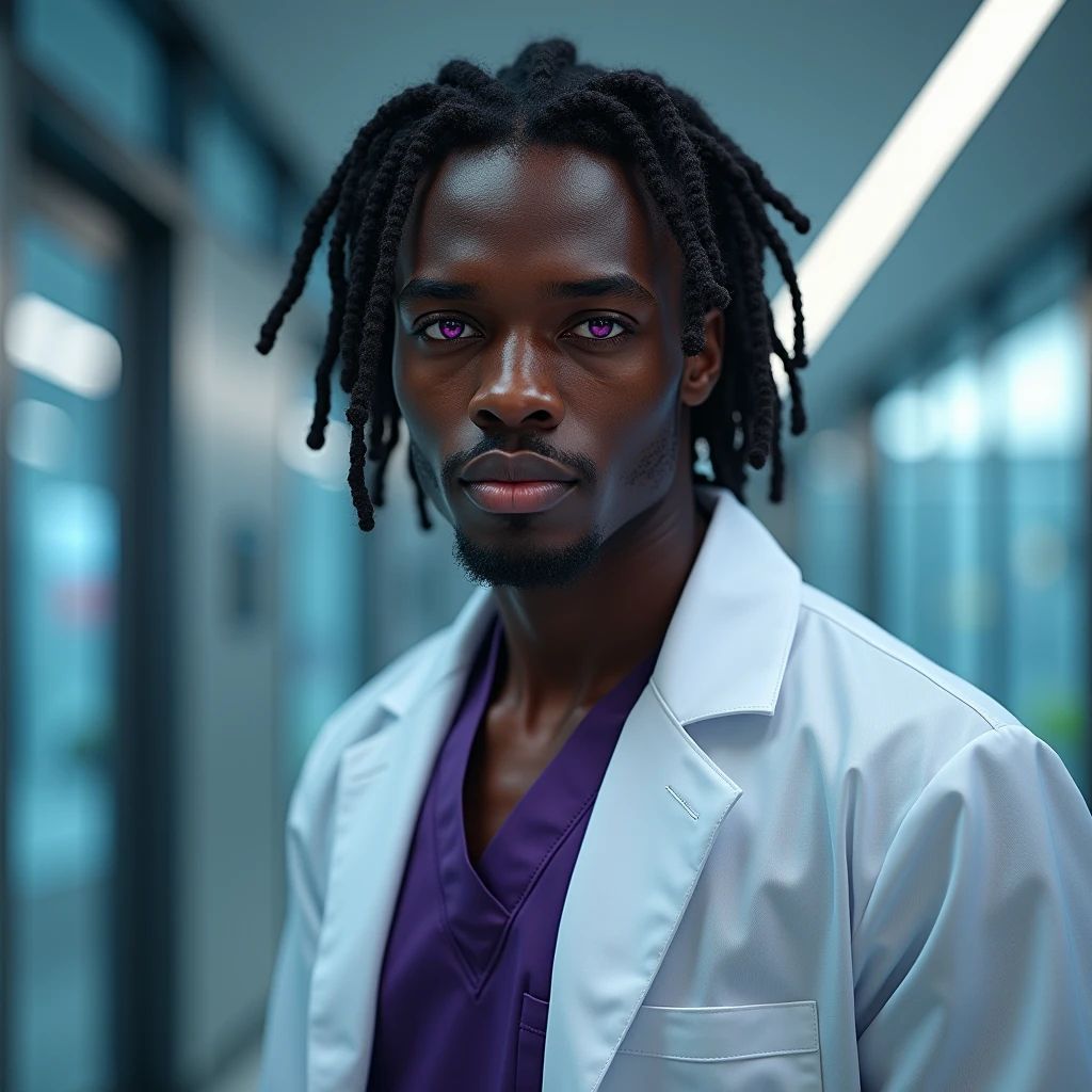 Photograph headshot, ringlets parted to the side hair, very tall French featured male model, shaved, toned body, ebony skin, vibrant purple eyes, tall thin toned body. Gentle smile expression. Doctor coat, dark purple shirt, modern sci-fi hospital office.