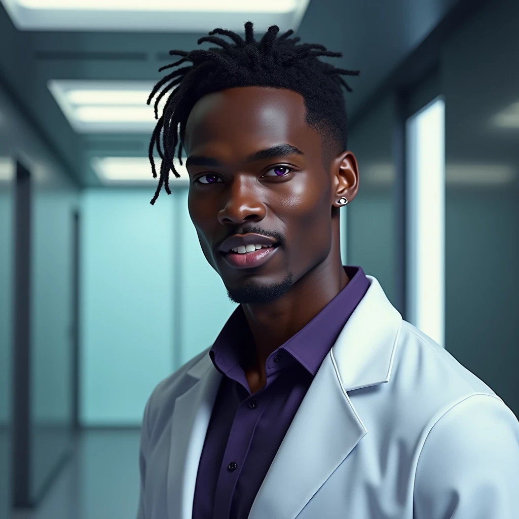 Photograph headshot, ringlets parted to the side hair, very tall French featured male model, shaved, toned body, ebony skin, vibrant purple eyes, tall thin toned body. Gentle smile expression. Doctor coat, dark purple shirt, modern sci-fi hospital office.