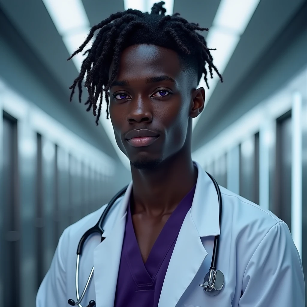 Photograph headshot, ringlets parted to the side hair, very tall French featured male model, shaved, toned body, ebony skin, vibrant purple eyes, tall thin toned body. Gentle smile expression. Doctor coat, dark purple shirt, modern sci-fi hospital office.