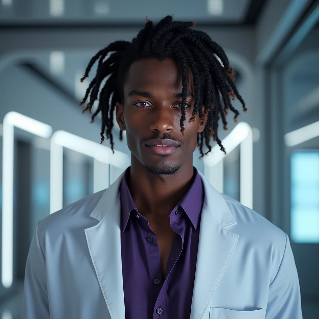 Photograph headshot, ringlets parted to the side hair, very tall French featured male model, shaved, toned body, ebony skin, vibrant purple eyes, tall thin toned body. Gentle smile expression. Doctor coat, dark purple shirt, modern sci-fi hospital office.