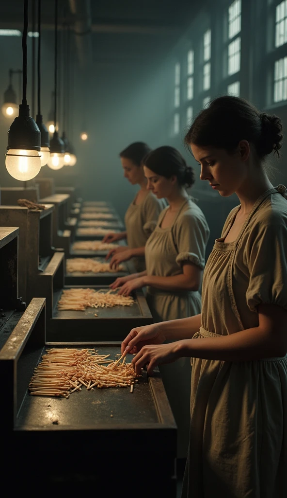 Sarah Chapman and her fellow workers • standing in the dimly lit factory • 1880s • wearing tattered, plain dresses with aprons • inside the Bryant & May match factory • examining phosphorus-dipped matches • rows of workbenches and machinery in the background • medium shot • hyper-realistic, photo realism, cinematography. Camera lens size 200mm, aperture setting f/4.5, and ISO 1600. Medium: color photography.