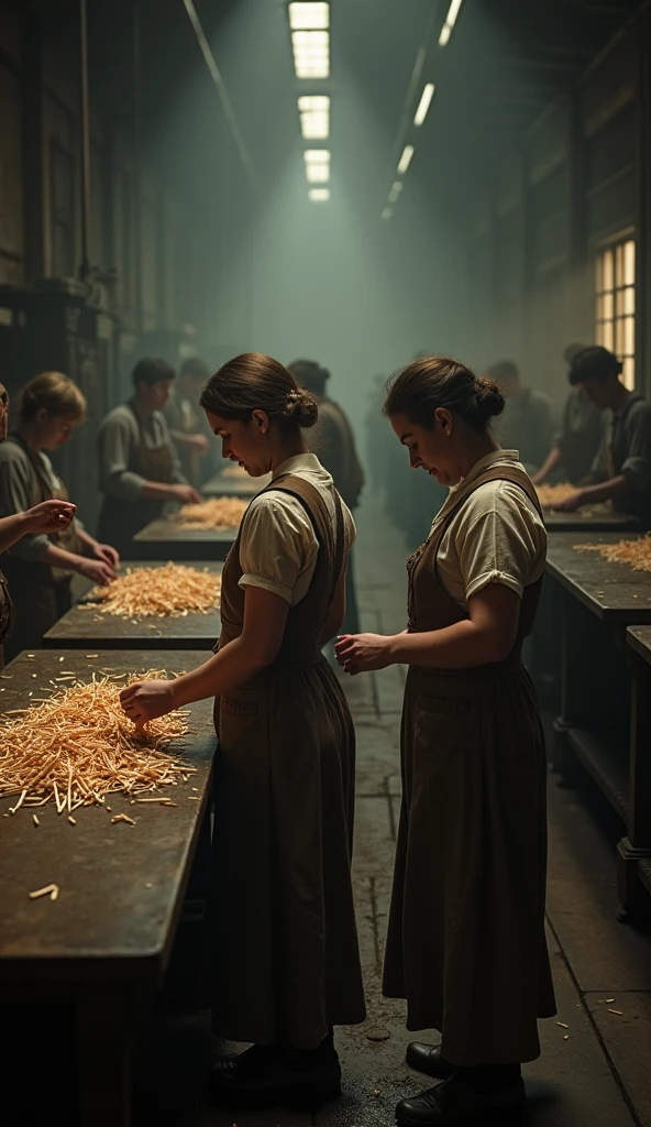 Sarah Chapman and her fellow workers • standing in the dimly lit factory • 1880s • wearing tattered, plain dresses with aprons • inside the Bryant & May match factory • examining phosphorus-dipped matches • rows of workbenches and machinery in the background • medium shot • hyper-realistic, photo realism, cinematography. Camera lens size 200mm, aperture setting f/4.5, and ISO 1600. Medium: color photography.