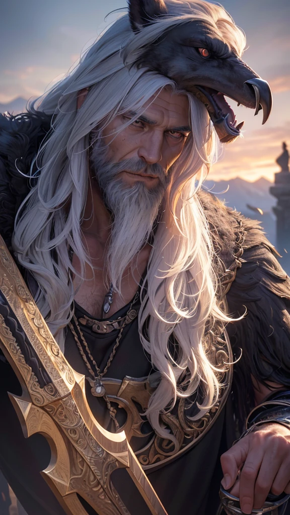 (best quality,4k,8k,highres,masterpiece:1.2),ultra-detailed,(realistic,photorealistic,photo-realistic:1.37),Odin,Norse god,long beard,one eye,dark elaborate robes,staff,ravens,wintry landscape,ancient ruins,mystical runes,imposing,wise,spiritual,powerful,mythological