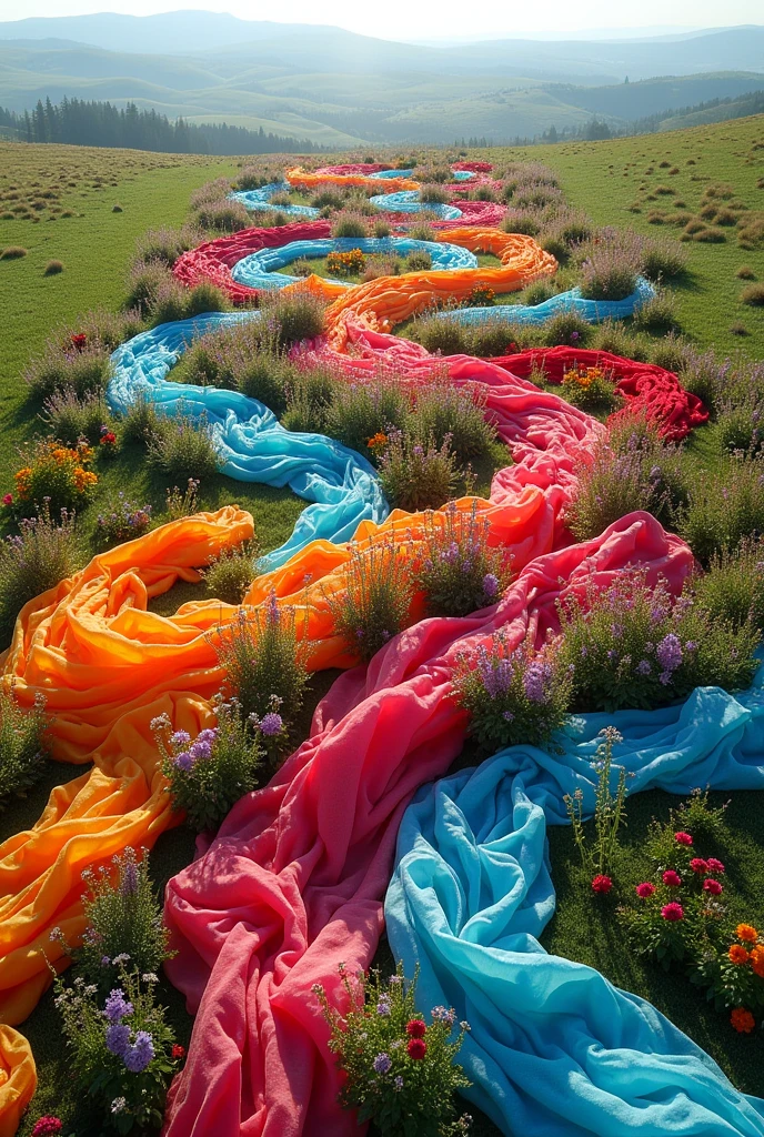 Land art with fabrics and flowers