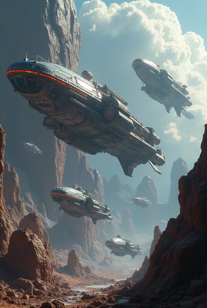 Super spaceships collecting minerals in the asteroid belt also place small ships working on the surface of the asteroids.