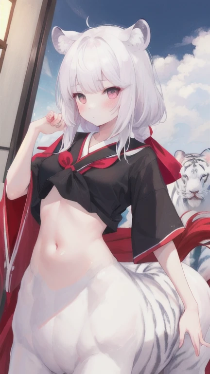 (best quality, masterpiece), 1 girl, centaur, I beg, White skin, Japanese schoolgirl,daughter,black pink, exposing the abdomen, belly button t-shirt , beautiful girl perfect, White tiger photo, 완벽한 White tiger photo