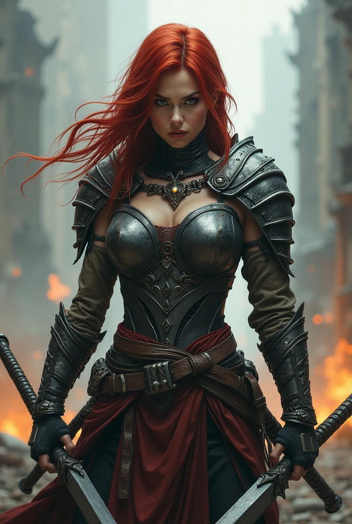 Wakfu fighter redhead woman slightly matte skin no pupil two big swords
