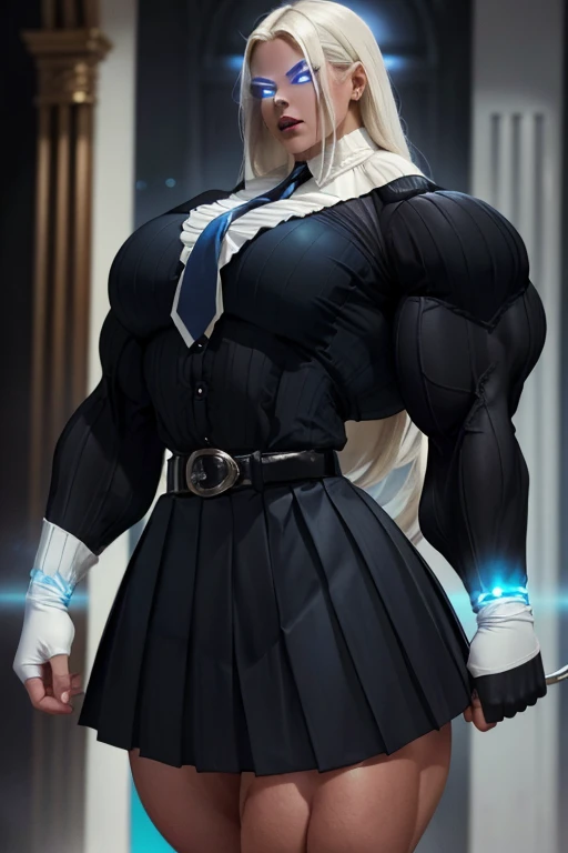 ((Close-up)), tall, (White hair) beautiful muscular woman, long straight hair, brown skinned, closed smile, (black lipstick), (massive muscles), (hyper muscle), ((ginormous bulky muscles)), ((glowing blue eyes)), (((long sleeve white pleated shirt))), ((black long pleated skirt with belt)), (fingerless gloves), necktie, thigh highs, morning in college, 